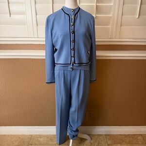 Vintage St John Blue Santana Knit 3 Piece Suit Gold & Black Buttons Old Money